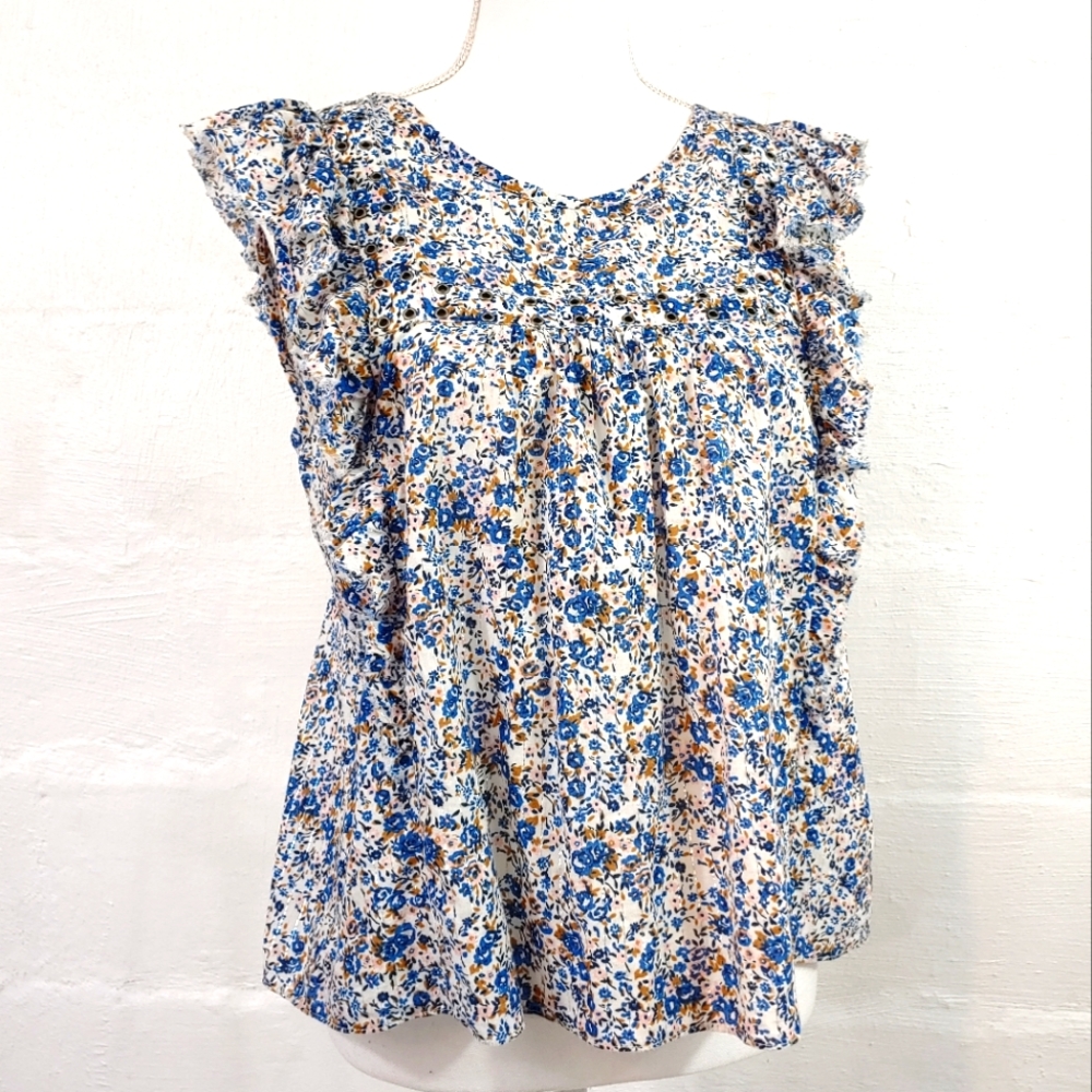 Abercrombie & Fitch Blue and Tan Floral Ruffle Sleeve Top